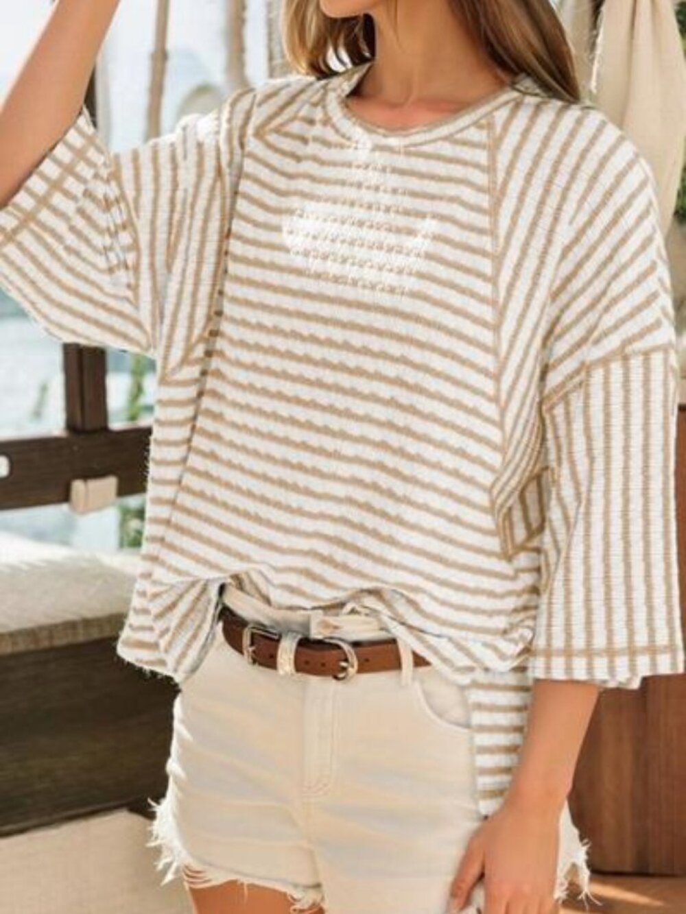 Womens Striped textured knit half sleeve top - khaki and white